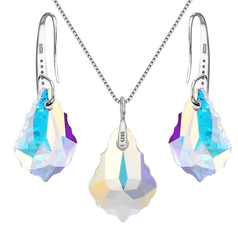 EleQueen 925 Sterling Silver CZ Baroque Drop Pendant Necklace Dangle Earrings Set Iridescent Aurora Borealis Made with Austrian Crystal - Image 5